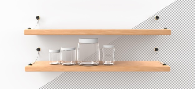 Kitchen shelves with blank glass jars isolated on white background Wooden wall rack with clear plastic bottles food containers with lids for storing bulk products or home canning 3D illustration