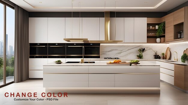 a kitchen with a white counter and a white kitchen with a black and yellow color scheme