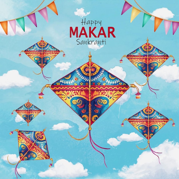 PSD kite festival happy makar sankranti wishes greeting card design