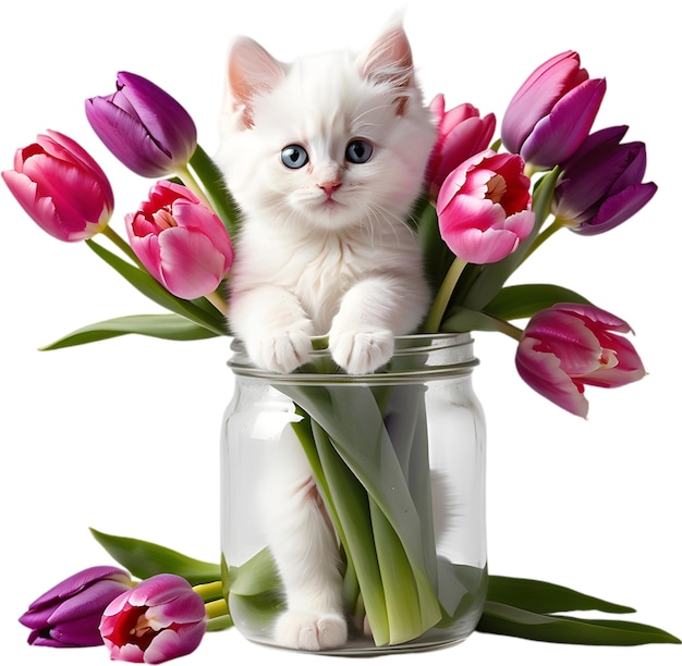 A kitten peeking out from a vintage jar full of tulips Mothers Day clipart