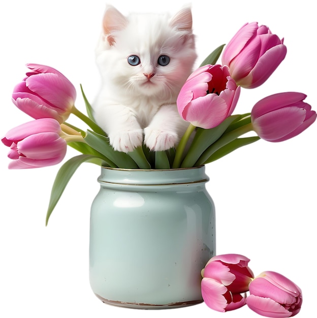 PSD a kitten peeking out from a vintage jar full of tulips mothers day clipart