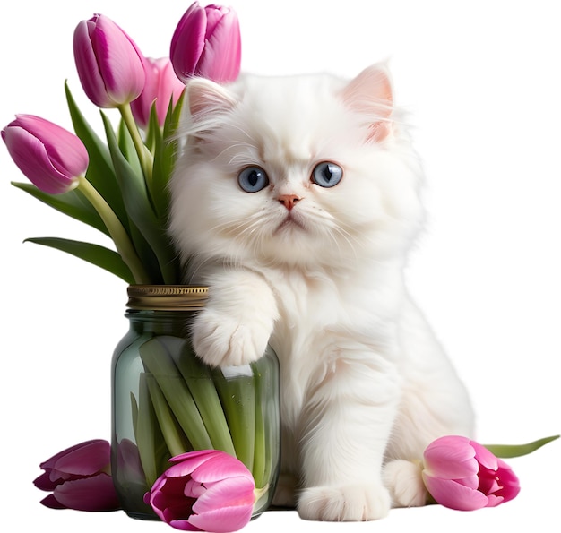 A kitten peeking out from a vintage jar full of tulips Mothers Day clipart