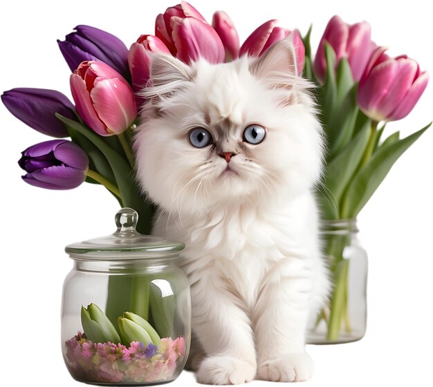 A kitten peeking out from a vintage jar full of tulips Mothers Day clipart