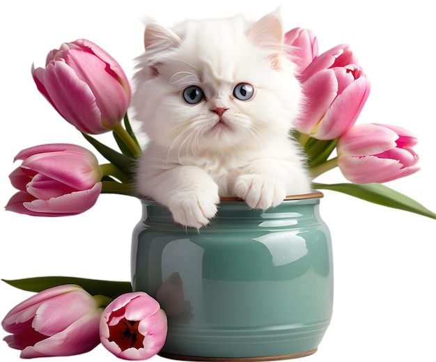 PSD a kitten peeking out from a vintage jar full of tulips mothers day clipart