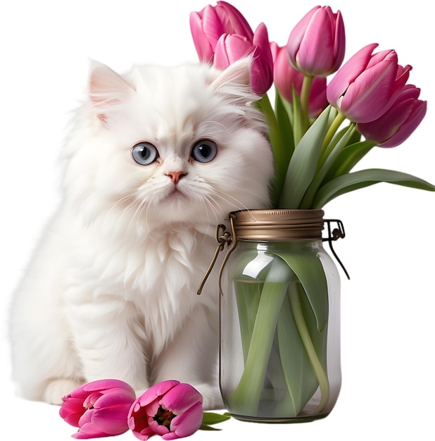 A kitten peeking out from a vintage jar full of tulips Mothers Day clipart