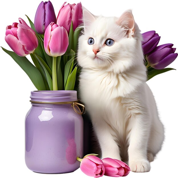 A kitten peeking out from a vintage jar full of tulips Mothers Day clipart