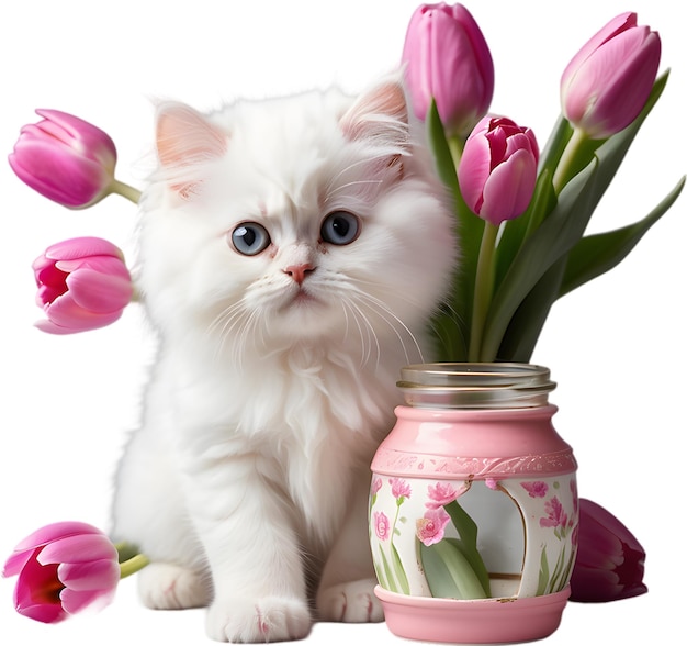 A kitten peeking out from a vintage jar full of tulips Mothers Day clipart