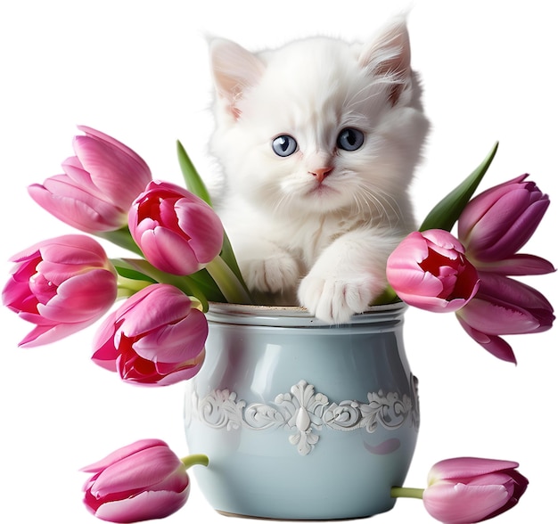 PSD a kitten peeking out from a vintage jar full of tulips mothers day clipart