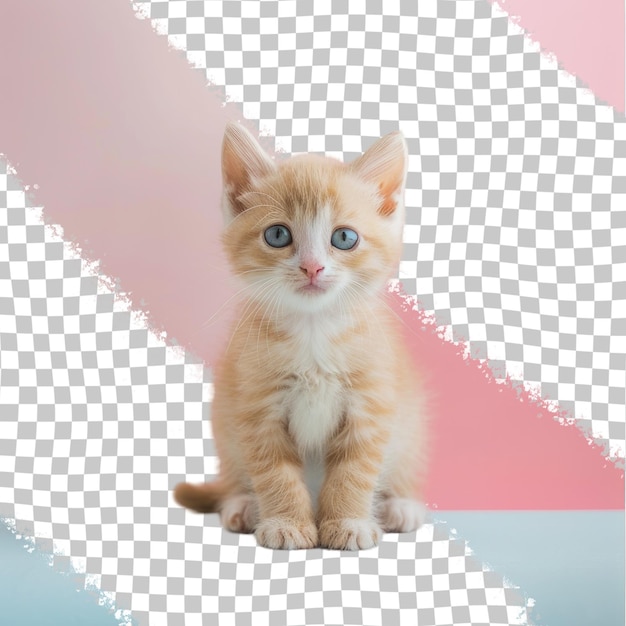 a kitten with blue eyes sits on a pink and blue checkered background