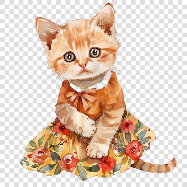 PSD kitten with floral dress watercolor nurseryon transparent background