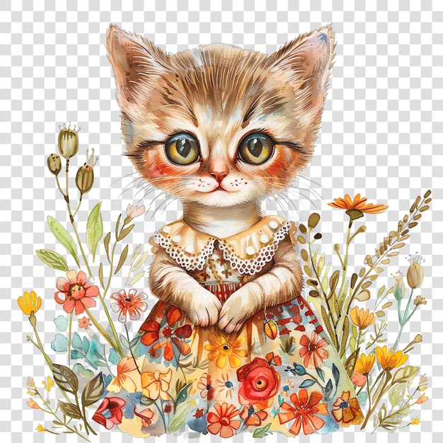 PSD kitten with floral dress watercolor nurseryon transparent background