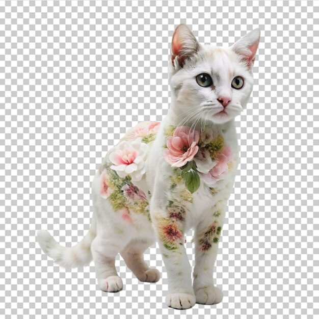 PSD kitten with flowers bouquet on transparent background