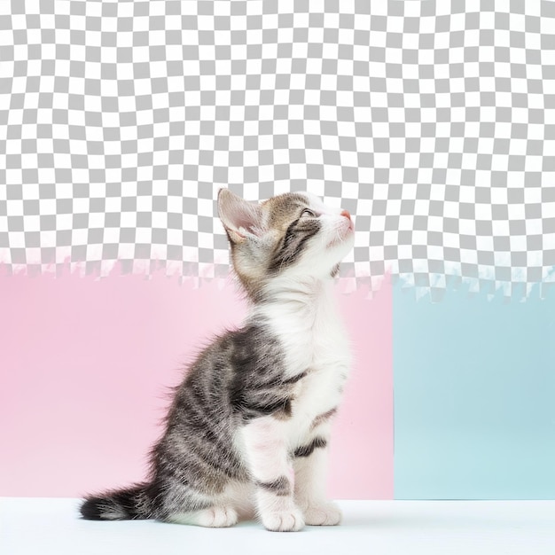 a kitten with a tag on its collar sits on a pink and blue background