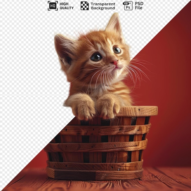 kitten in a wooden basket on a red background png