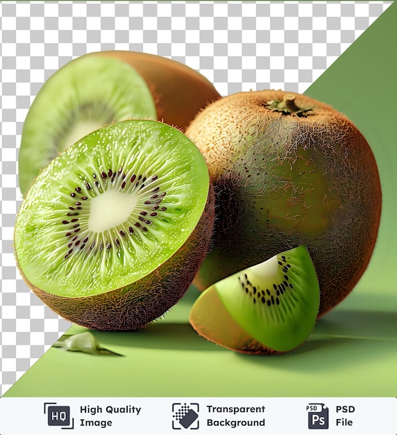 kiwi fruit including a green kiwi and a brown kiwi are arranged on a green table with a green shadow in the background