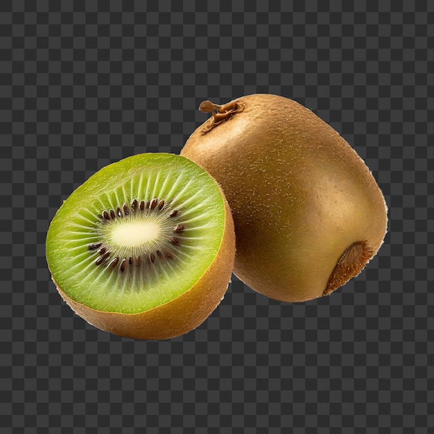 A kiwi fruit with brown skin and green flesh with half cut kiwi