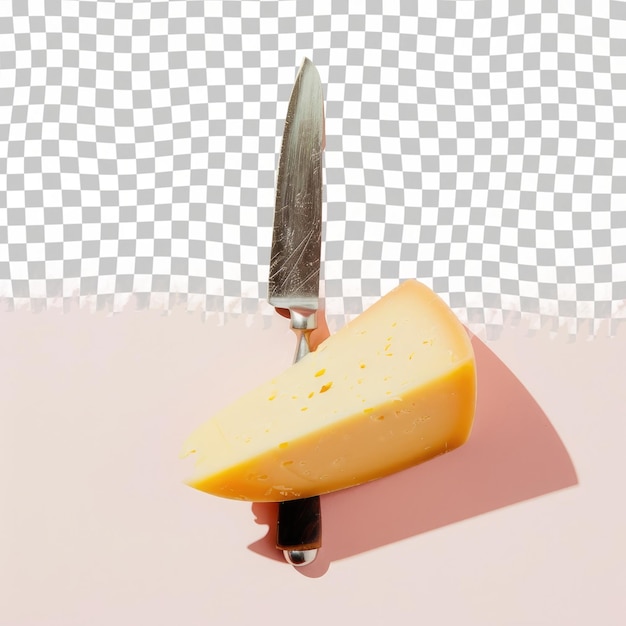 a knife is cutting a piece of cheese with a knife in the middle