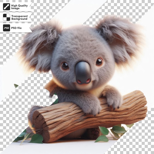 PSD a koala bear holding a log with the word koala on it