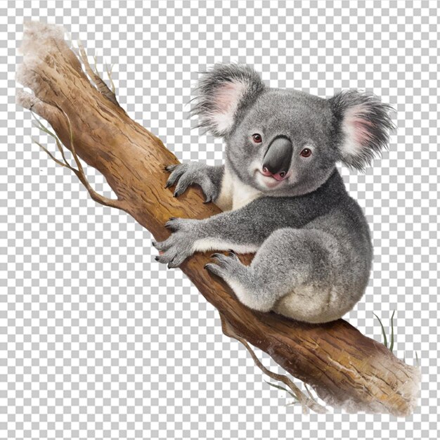 PSD a koala bear with a big mouth on its back sits on a branch