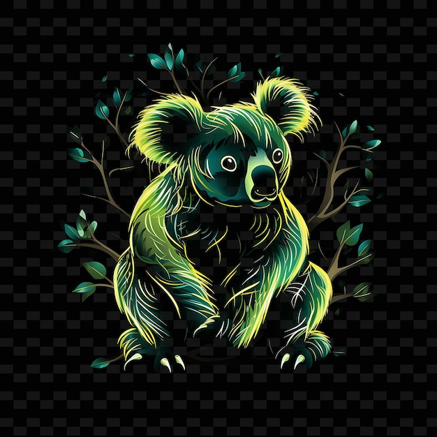 Koala Leafy Canopy Swooping Neon Lines Eucalyptus Leaves Cur PNG Y2K Shapes Transparent Light Arts