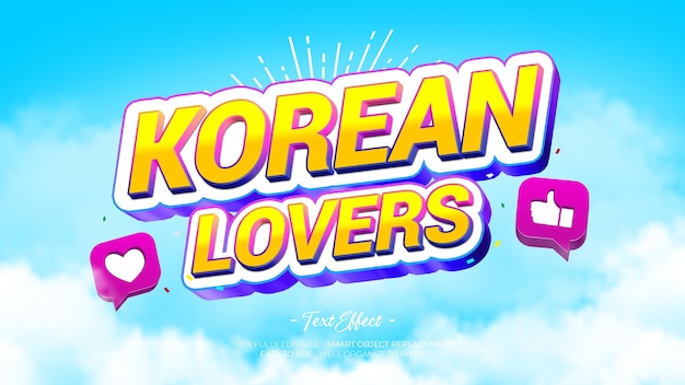 Korean lovers 3d text effect with 3d object love and like icon in the blue sky