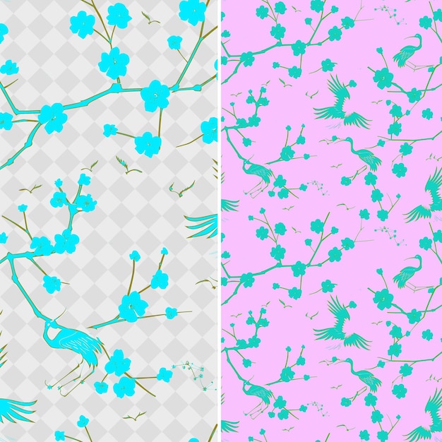 PSD korean patterns with cranes clouds and plum blossoms with cl png traditional abstract designs