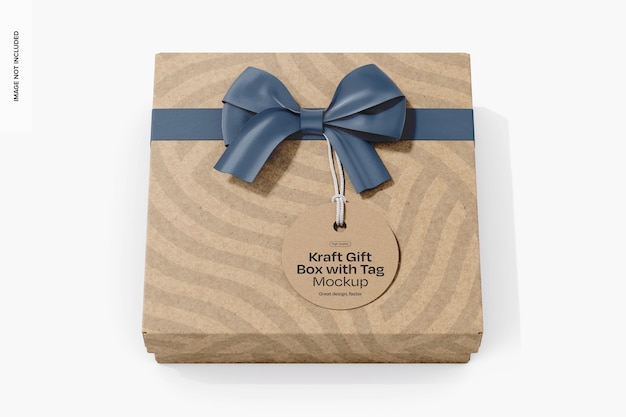 Kraft Gift Box with Tag Mockup High Angle View