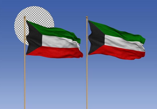 PSD kuwait wavy flags with pole 3d rendering