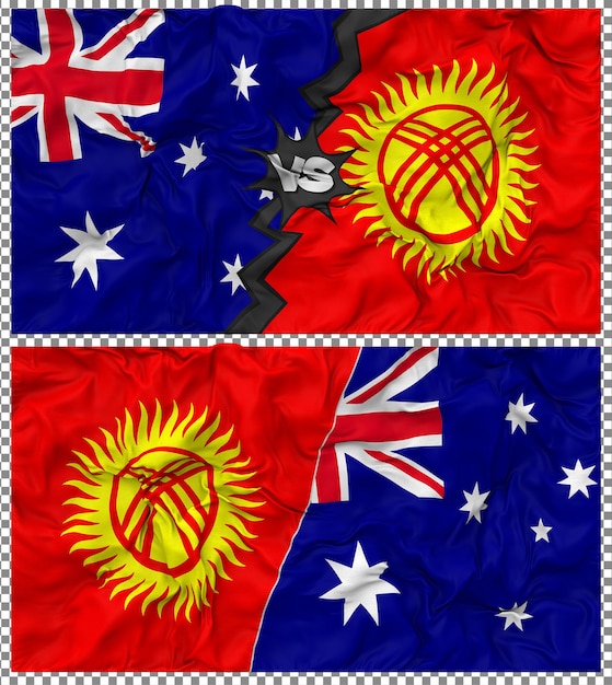 PSD kyrgyzstan vs australia half combined flag cloth bump texture 3d rendering