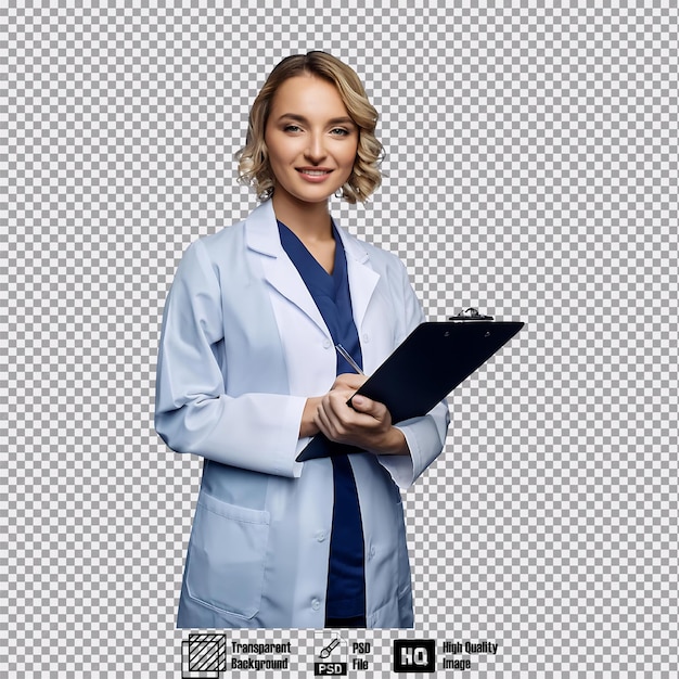 PSD lab technician in a lab coat holding a clipboard standing and facing forward