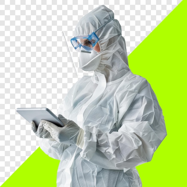 PSD lab worker in protective clothing holding tablet transparent background