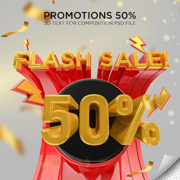 Label flash sale up to 50 off 3d rendering PSD file