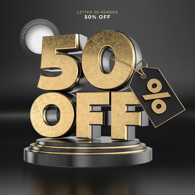 Label letter 50 OFF 3d render black and gold