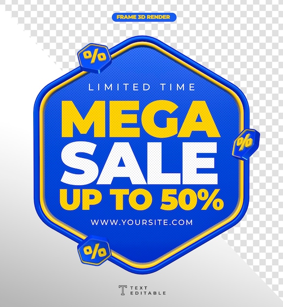 Label Mega sale up to 50 percent off in 3d render