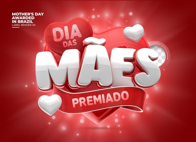 Label Mothers Day awarded in Brazil 3d render with hearts