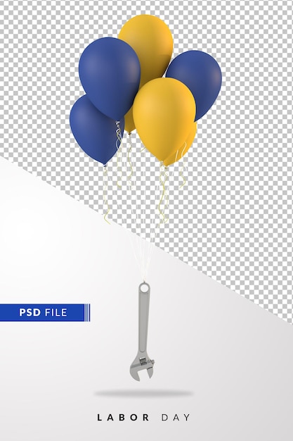 Labor day celebration with balloons floating with a wrench 3D render