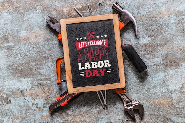 Labor day mockup with slate and tools