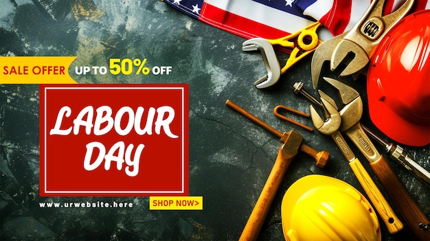 Labor day sell social media banner design with labor day work tools