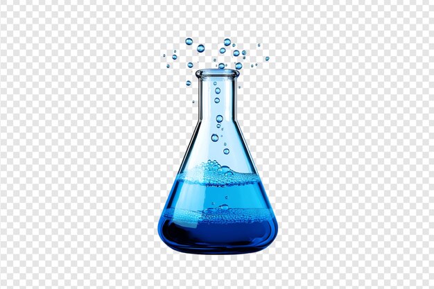 PSD laboratory flask with blue liquid and bubbles isolated on a transparent background