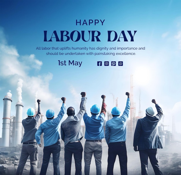 Labour Day concept diverse group of workers standing in solidarity on light blue background