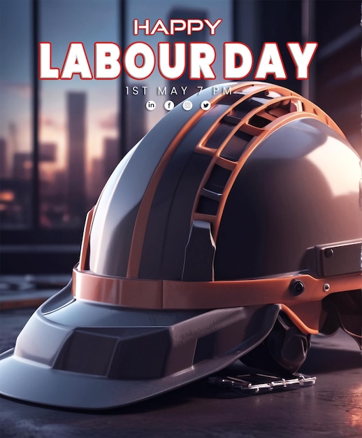 Labour Day Poster with Construction Worker Helmet and International Labor Day social post