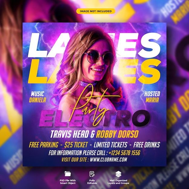 Ladies electro night party flyer and social media web banner template