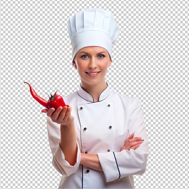 lady chef holding red pepper on transparent background