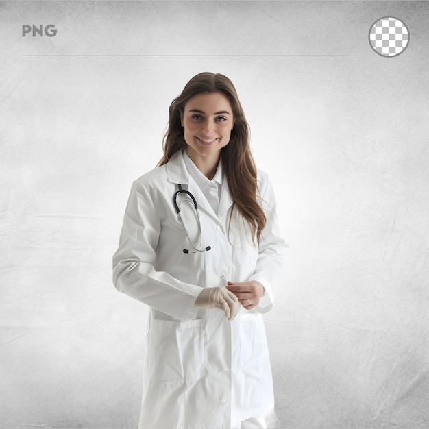 Lady Doctor in White Coat and Stethoscope in Happy Mood isolated on transparent background