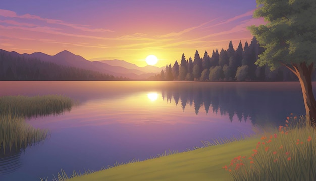 PSD lake and mountain landscape illustration