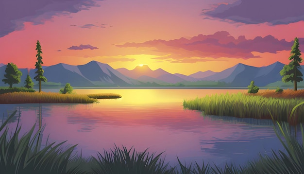 PSD lake and mountain landscape illustration