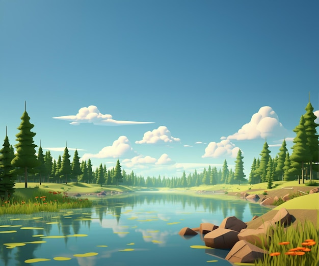 PSD lake near the green forest view 3d background