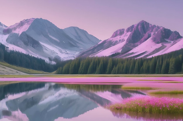 PSD the lake reflects a pastel sky bathed in soft pinks and sapphires