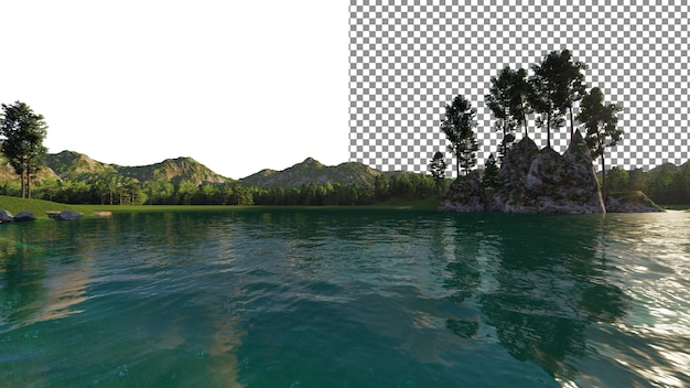 PSD lake view among mountains and forests png transparent backdrop 3d rendering