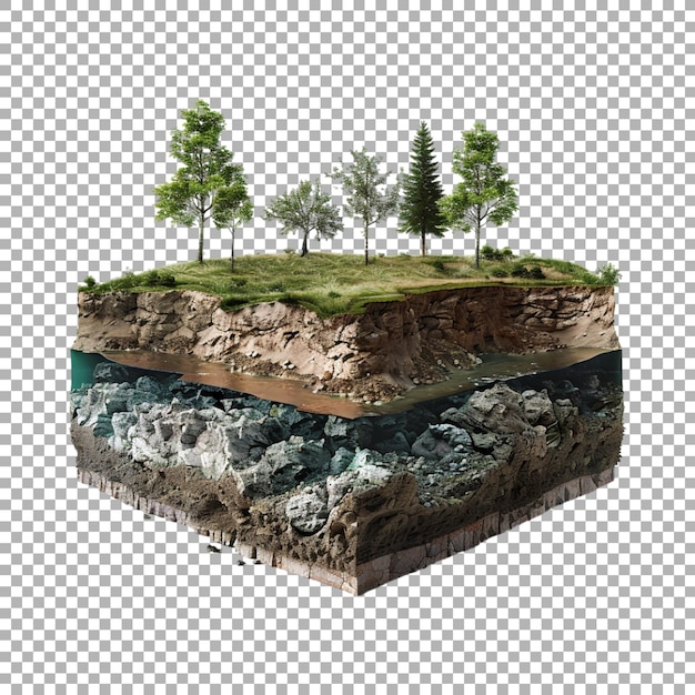 PSD land with earth crust or layers and tree on it on transparent background ai generated